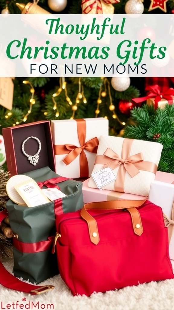 Thoughtful Christmas Gift Ideas for New Moms A selection of Christmas gifts for new moms, featuring personalized jewelry, spa items, and a diaper bag, set against a festive backdrop.